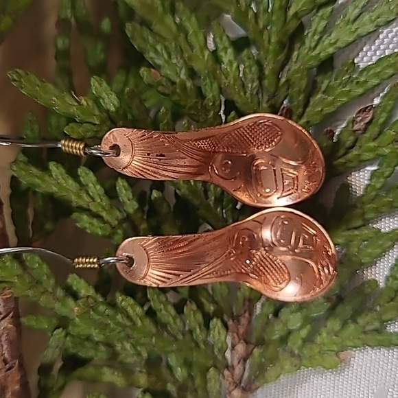 Copper Carved Hummingbird Spoon Earrings - Picture 1 of 4